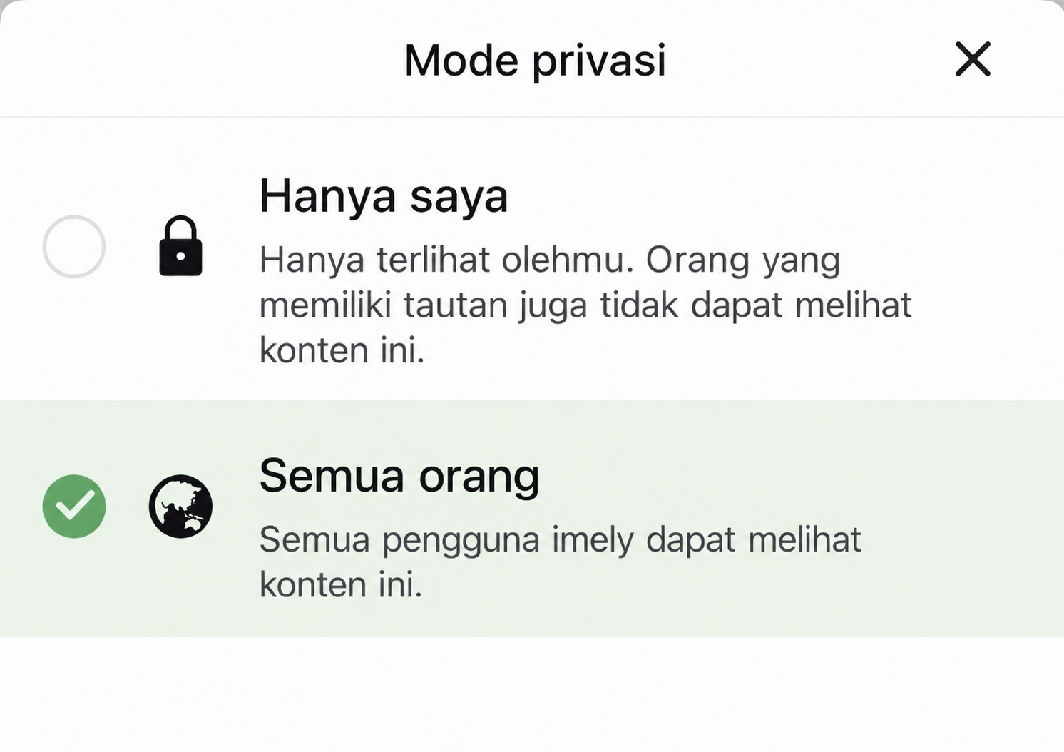 Kotak dialog memilih mode privasi saat memublikasikan karakter