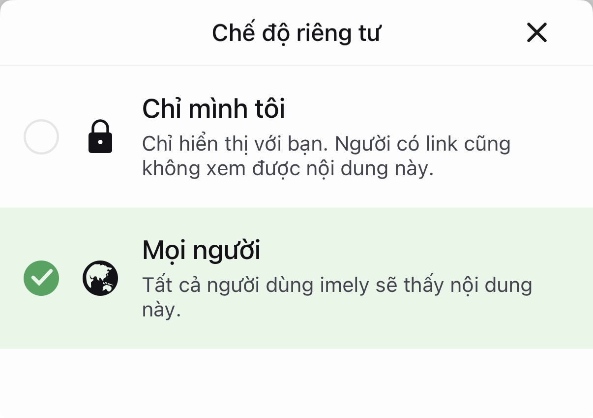 Hộp thoại chọn chế độ riêng tư khi đăng nhân vật