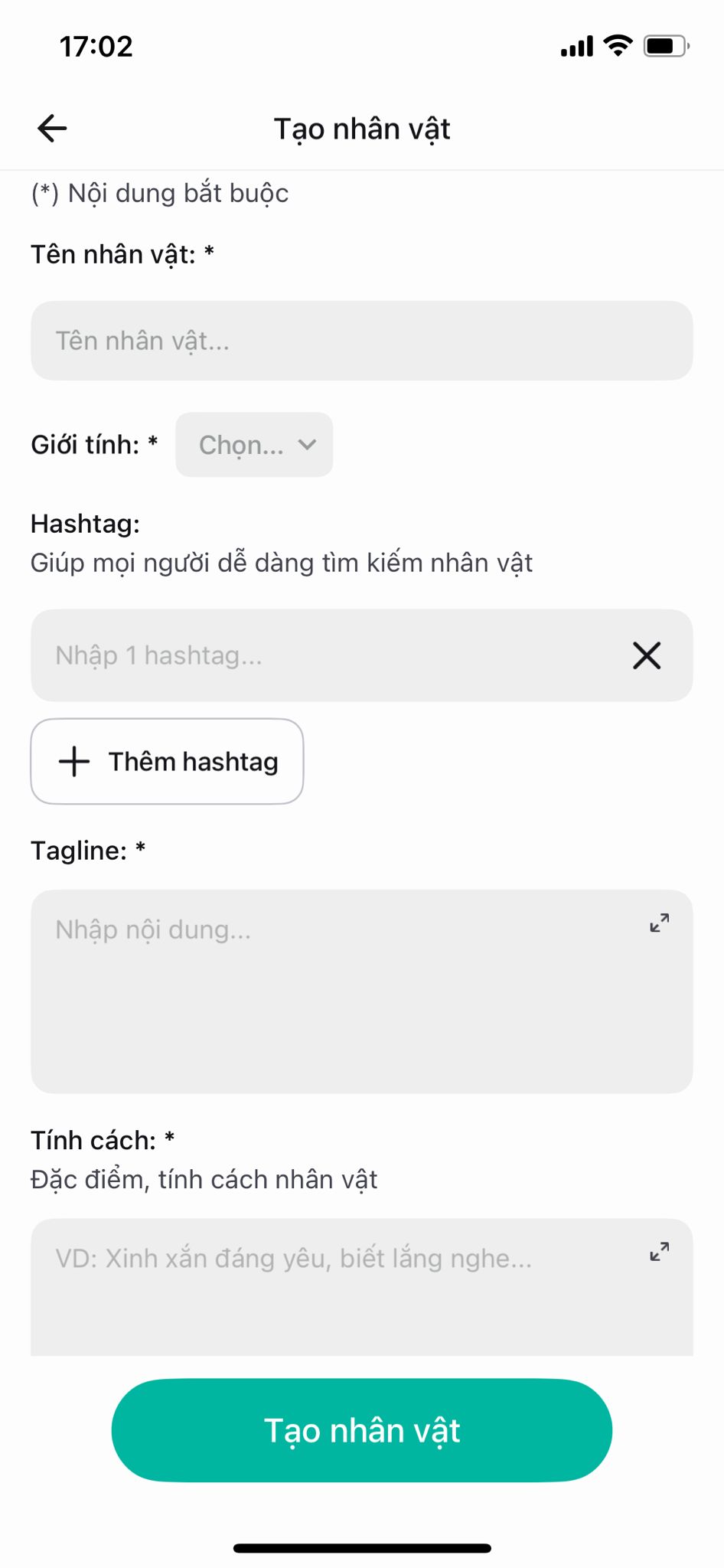 Phần Tính cách trên form
